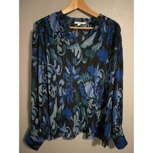 Chicos Shirt Womens 3 US 16 Blue Black Floral Pleated Sheer Lightweight Blouse